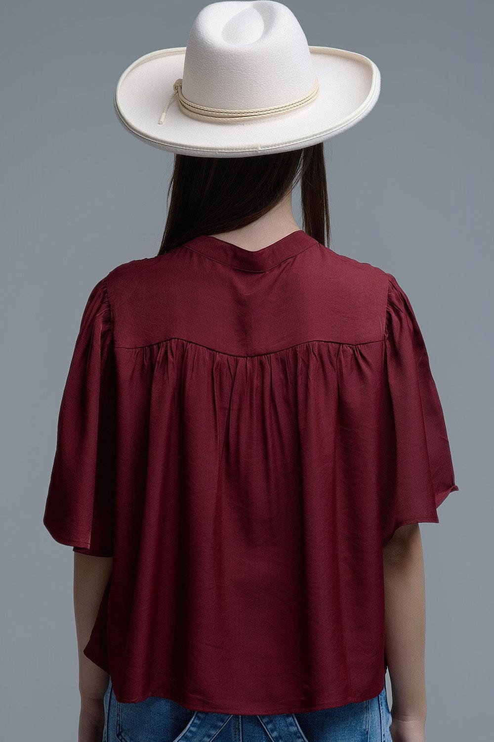 Q2 Women's Blouse Relaxed Wine-Colored Boho-Style Blouse With Embroidered Details