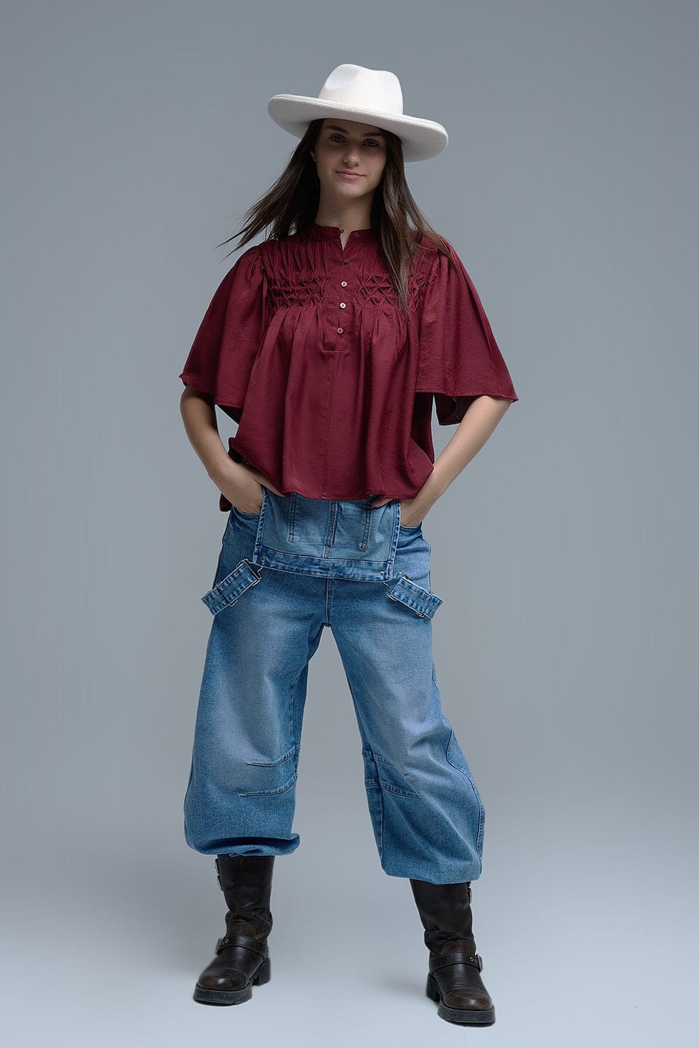 Q2 Women's Blouse Relaxed Wine-Colored Boho-Style Blouse With Embroidered Details