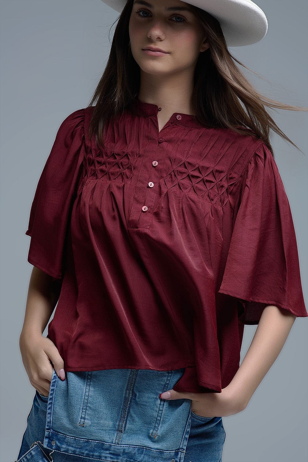 Q2 Women's Blouse Relaxed Wine-Colored Boho-Style Blouse With Embroidered Details