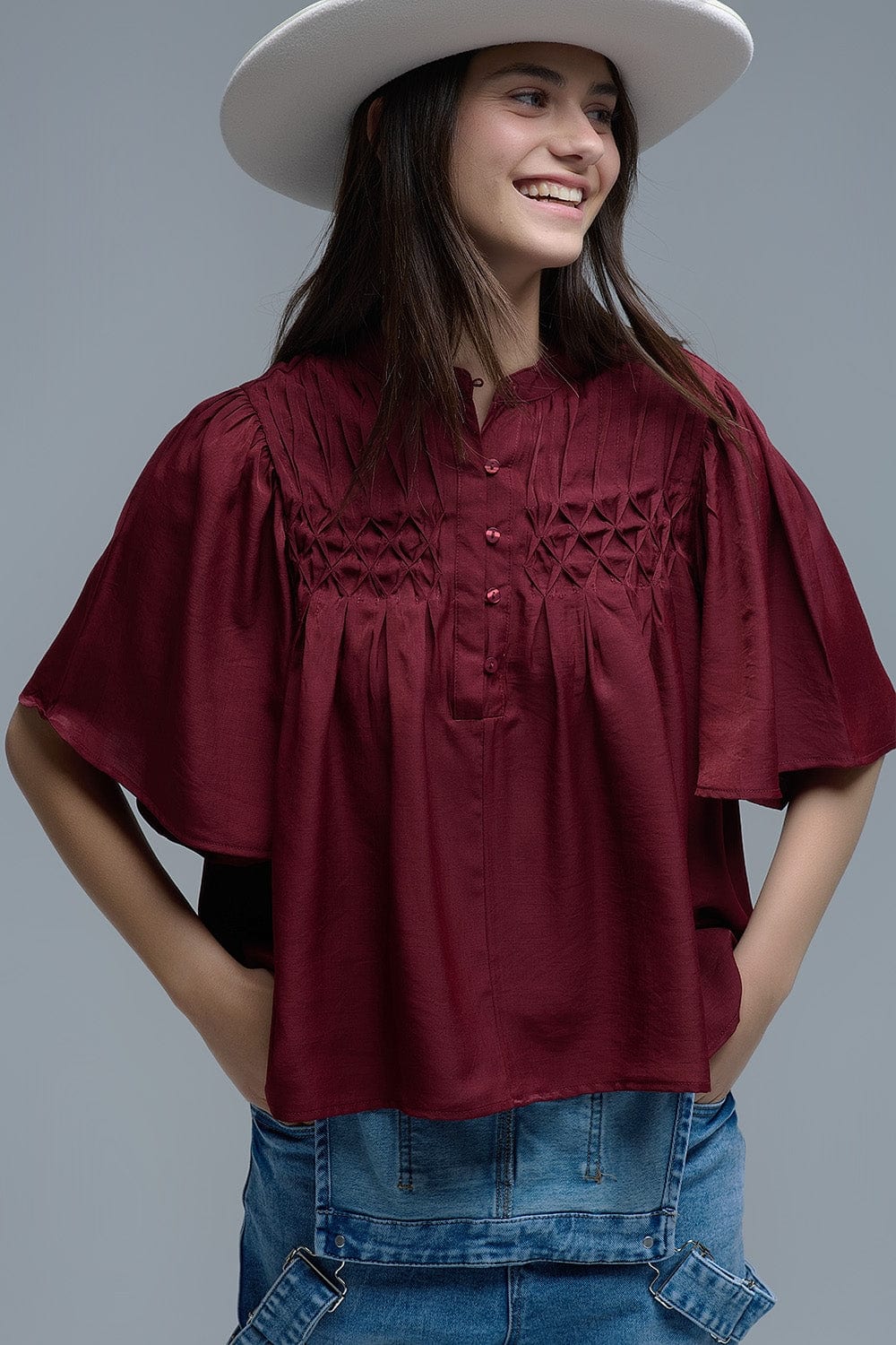 Q2 Women's Blouse Relaxed Wine-Colored Boho-Style Blouse With Embroidered Details