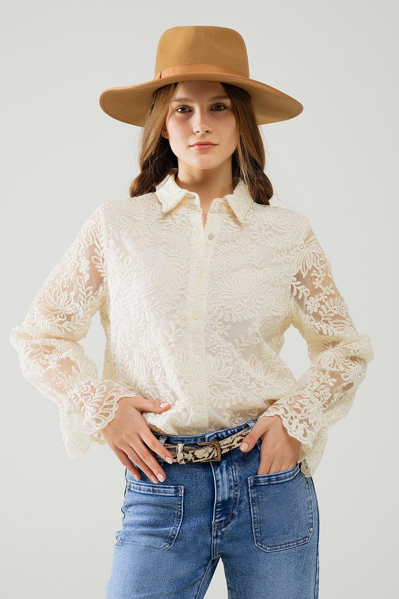 Q2 Women's Blouse Romantic Beige Lace Shirt With Balloon Sleeves