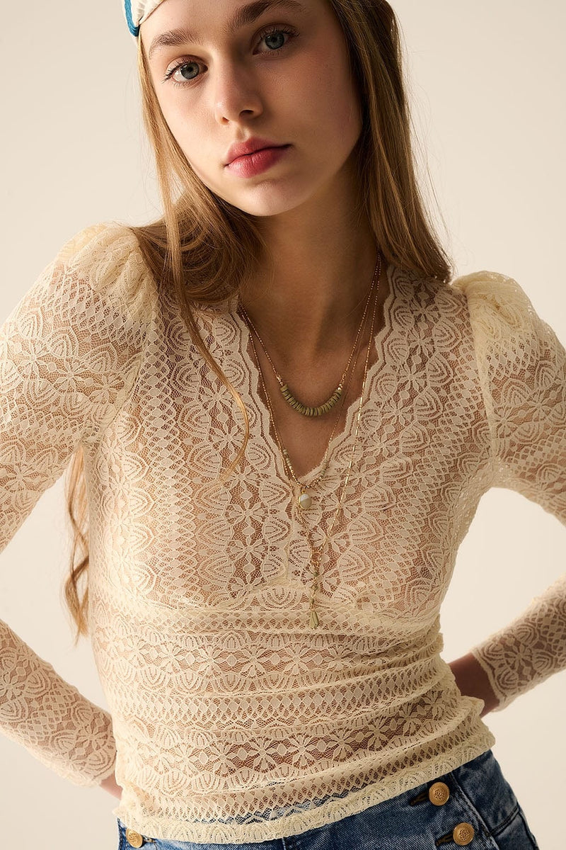 Q2 Women's Blouse Romantic V-Neck Lace Top With Long Sleeves In Beige