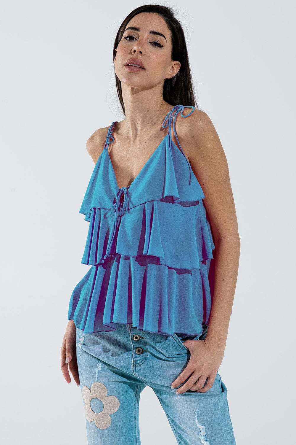 Q2 Women's Blouse Ruffle Top With Thin Straps In Blue