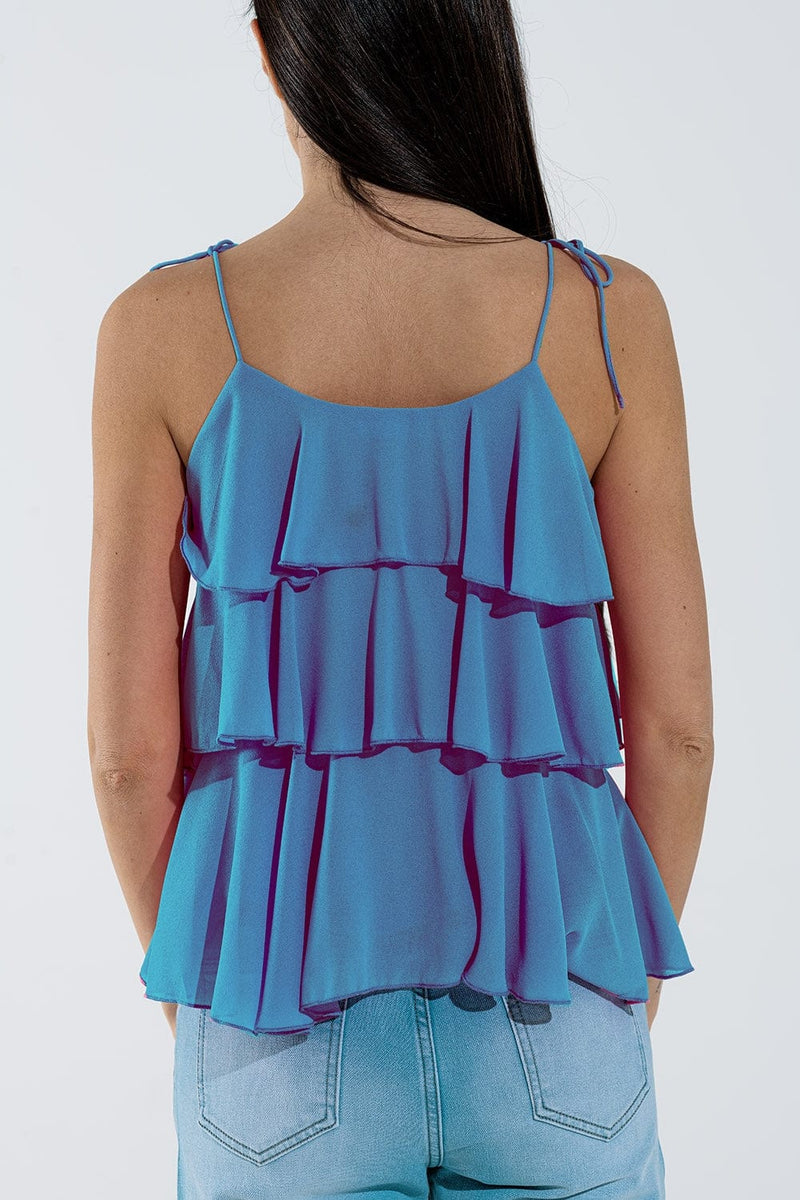 Q2 Women's Blouse Ruffle Top With Thin Straps In Blue