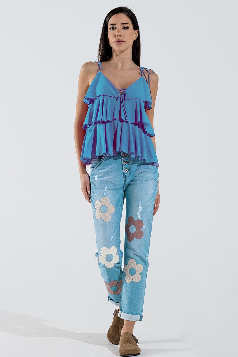 Q2 Women's Blouse Ruffle Top With Thin Straps In Blue