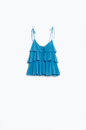 Q2 Women's Blouse Ruffle Top With Thin Straps In Blue