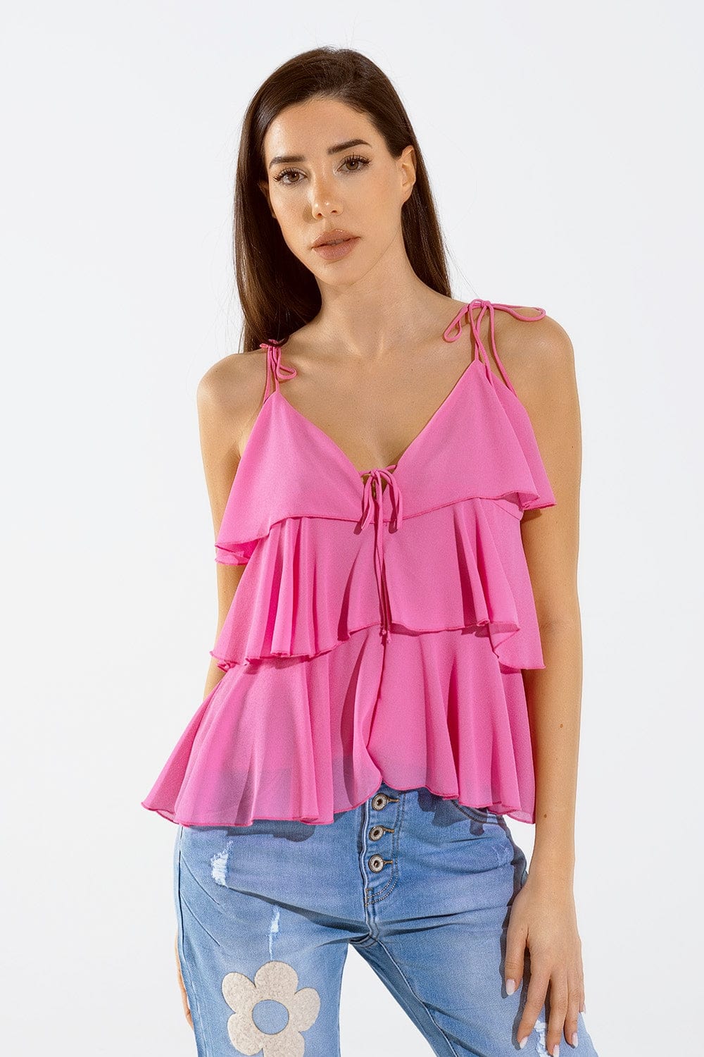 Q2 Women's Blouse Ruffle Top With Thin Straps In Fuchsia