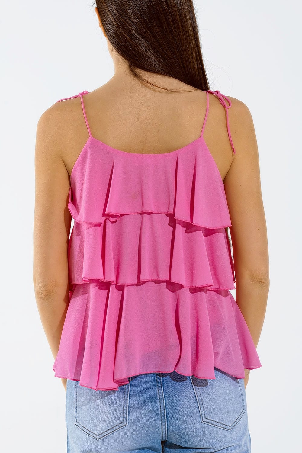 Q2 Women's Blouse Ruffle Top With Thin Straps In Fuchsia