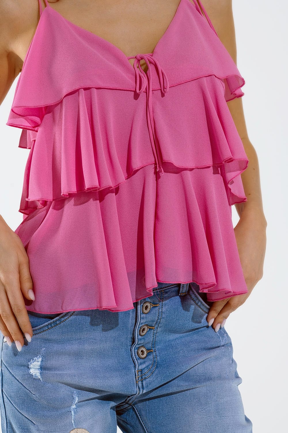 Q2 Women's Blouse Ruffle Top With Thin Straps In Fuchsia