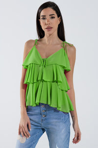 Q2 Women's Blouse Ruffle Top With Thin Straps In Green