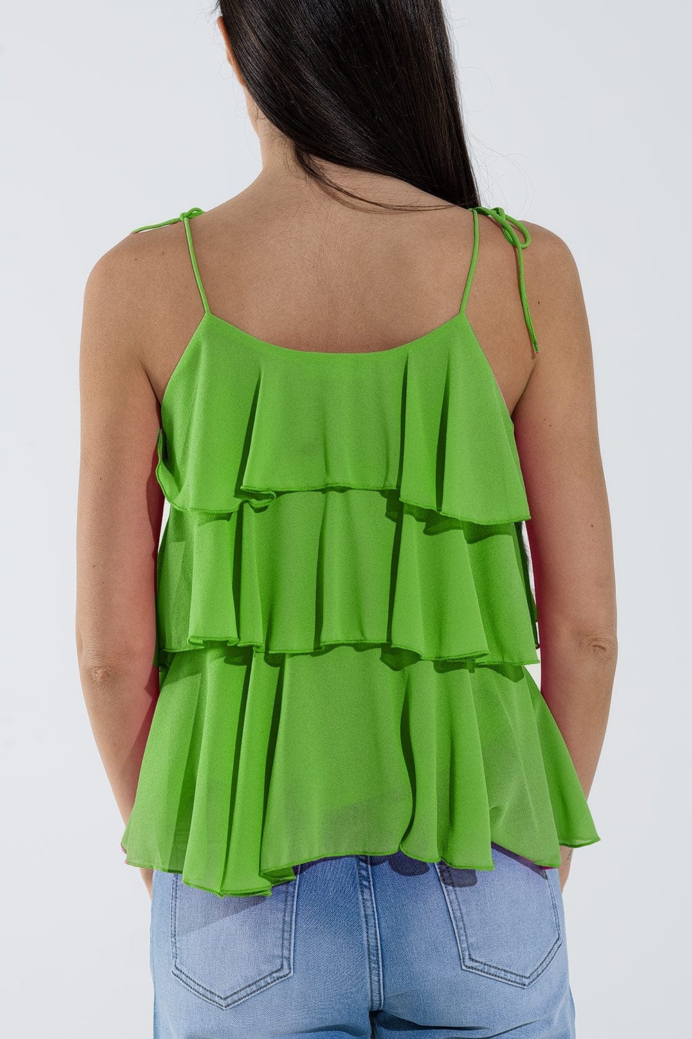 Q2 Women's Blouse Ruffle Top With Thin Straps In Green