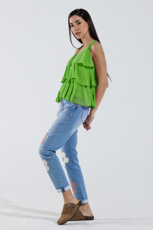 Q2 Women's Blouse Ruffle Top With Thin Straps In Green