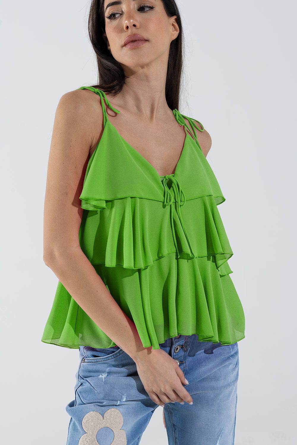 Q2 Women's Blouse Ruffle Top With Thin Straps In Green
