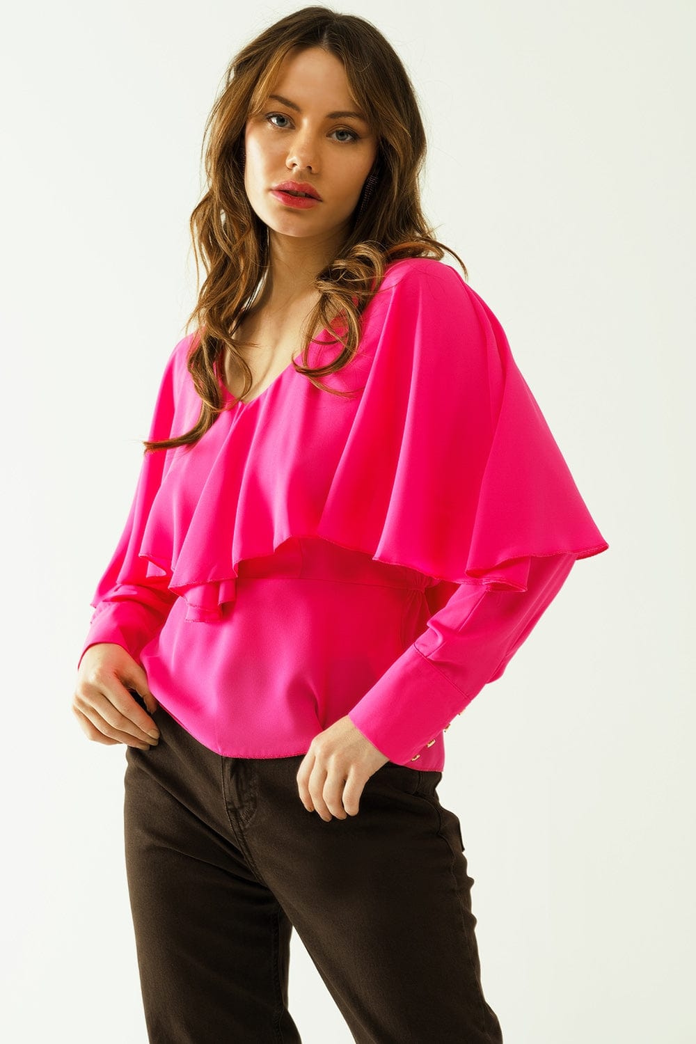 Q2 Women's Blouse Ruffled V-Neck Top With Buttoned Cuffs And Tie In The Back Detal In Fuchsia
