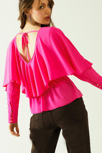 Q2 Women's Blouse Ruffled V-Neck Top With Buttoned Cuffs And Tie In The Back Detal In Fuchsia