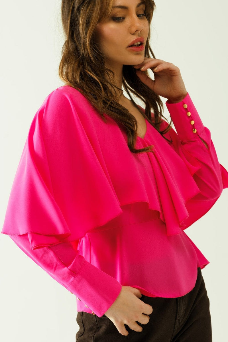 Q2 Women's Blouse Ruffled V-Neck Top With Buttoned Cuffs And Tie In The Back Detal In Fuchsia