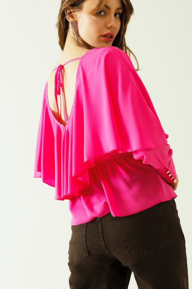 Q2 Women's Blouse Ruffled V-Neck Top With Buttoned Cuffs And Tie In The Back Detal In Fuchsia