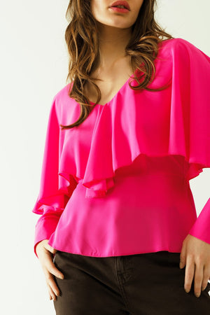 Q2 Women's Blouse Ruffled V-Neck Top With Buttoned Cuffs And Tie In The Back Detal In Fuchsia