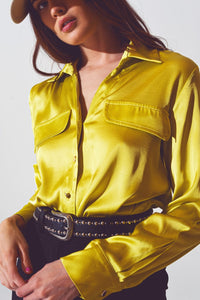 Q2 Women's Blouse Satin Blouse in Lime Green