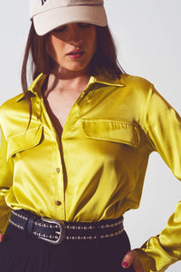 Q2 Women's Blouse Satin Blouse in Lime Green