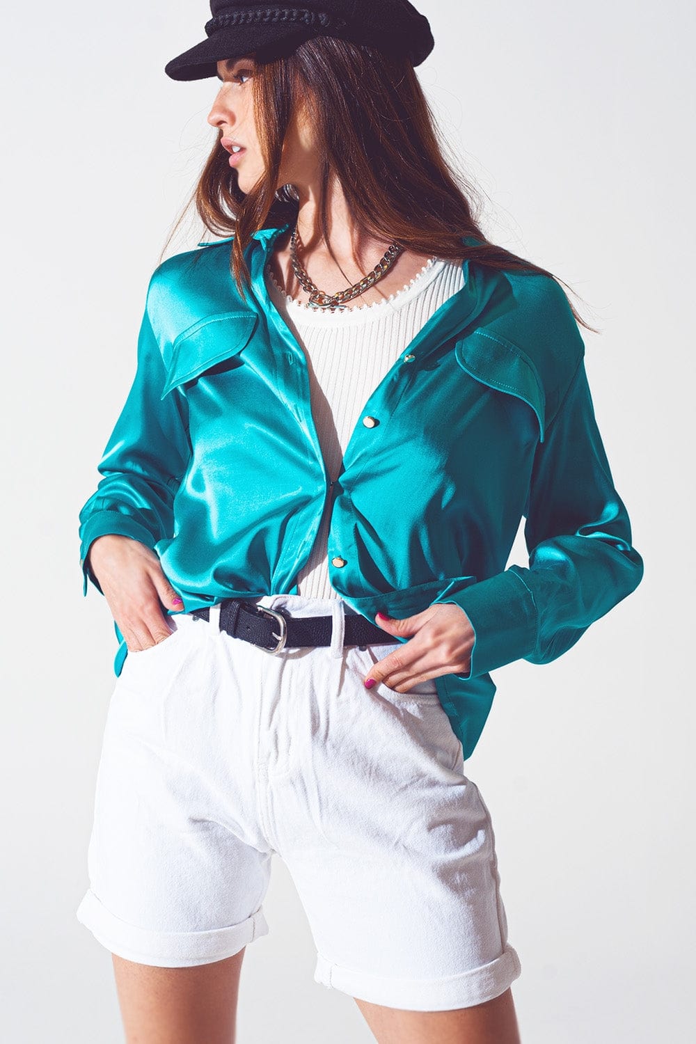 Q2 Women's Blouse Satin Blouse in Turquoise