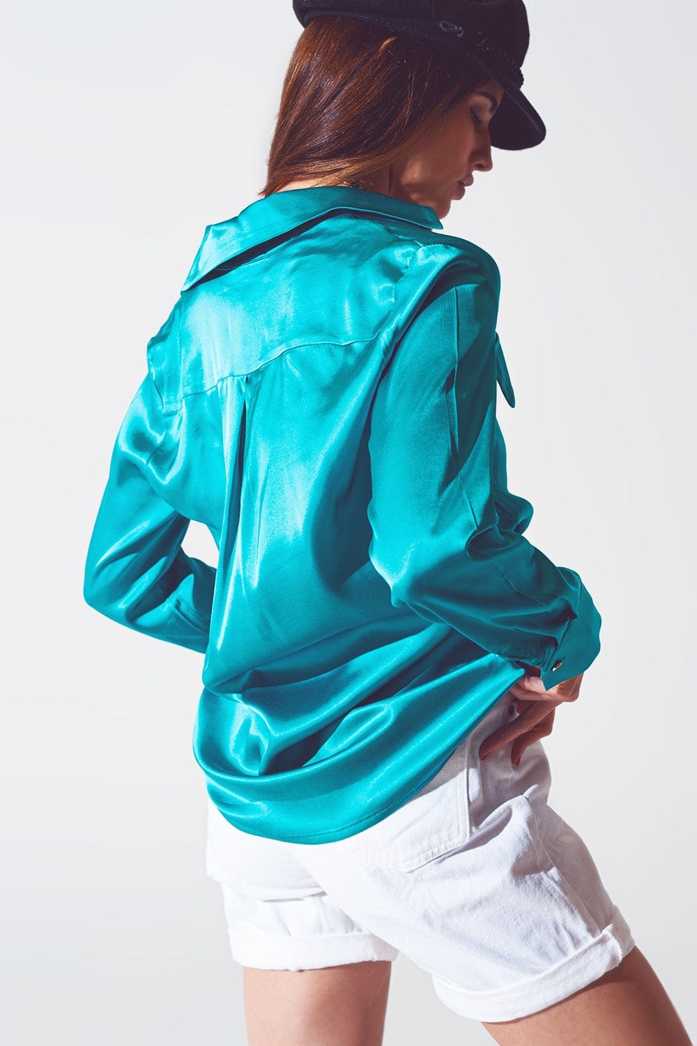 Q2 Women's Blouse Satin Blouse in Turquoise