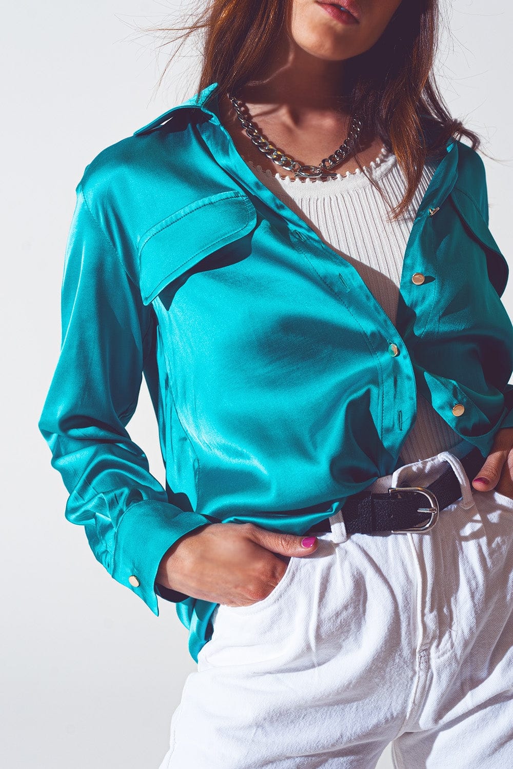 Q2 Women's Blouse Satin Blouse in Turquoise