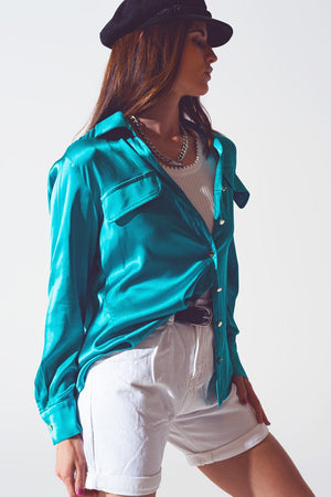 Q2 Women's Blouse Satin Blouse in Turquoise