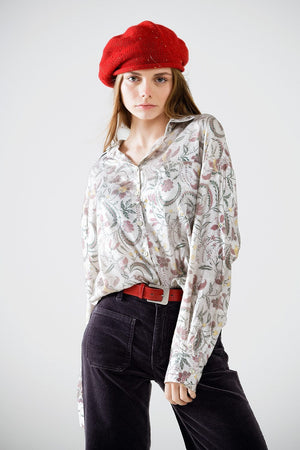 Q2 Women's Blouse Satin Blouse With Flower Print In Grey