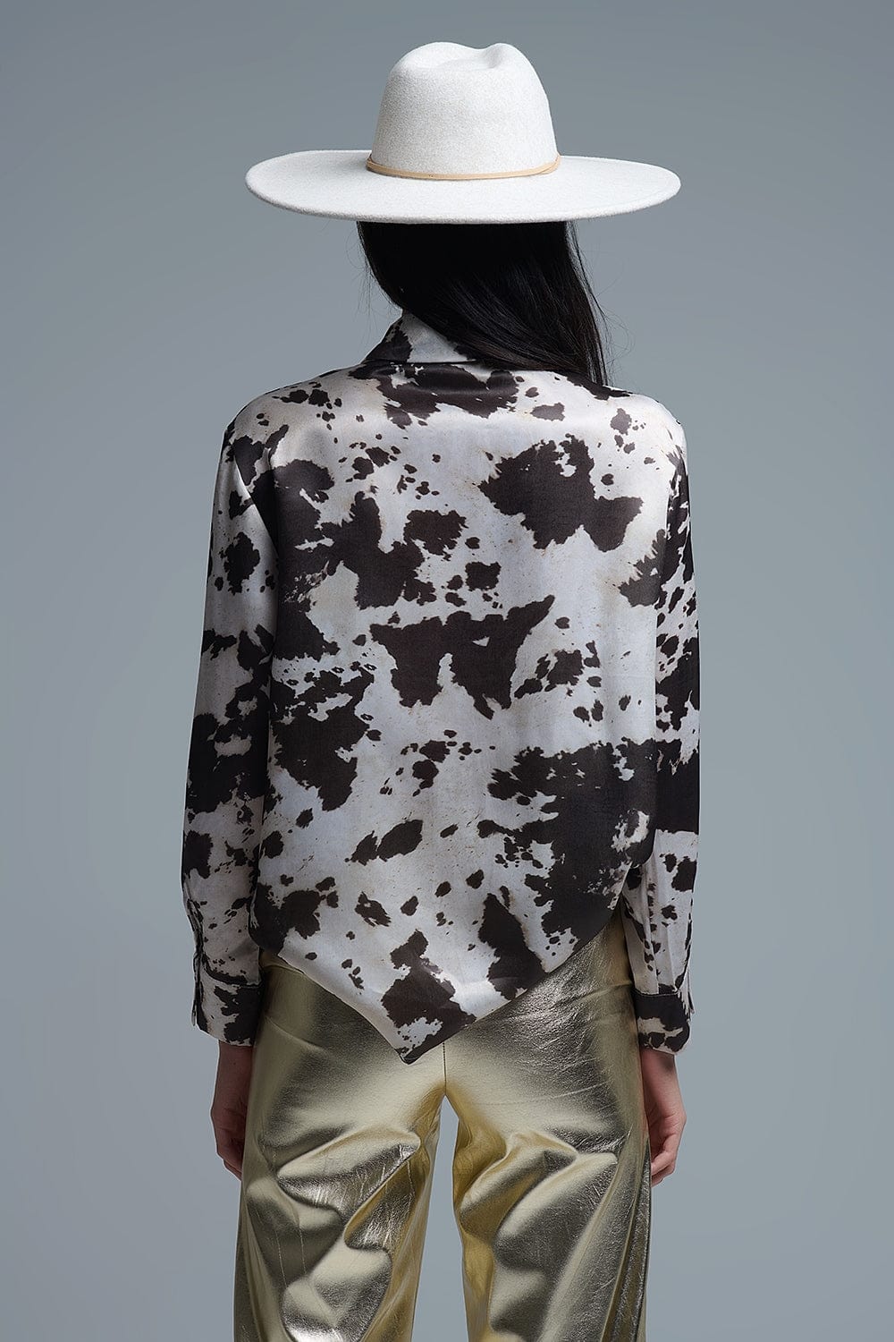 Q2 Women's Blouse Satin Brown And Cream Cow Print Relaxed Shirt