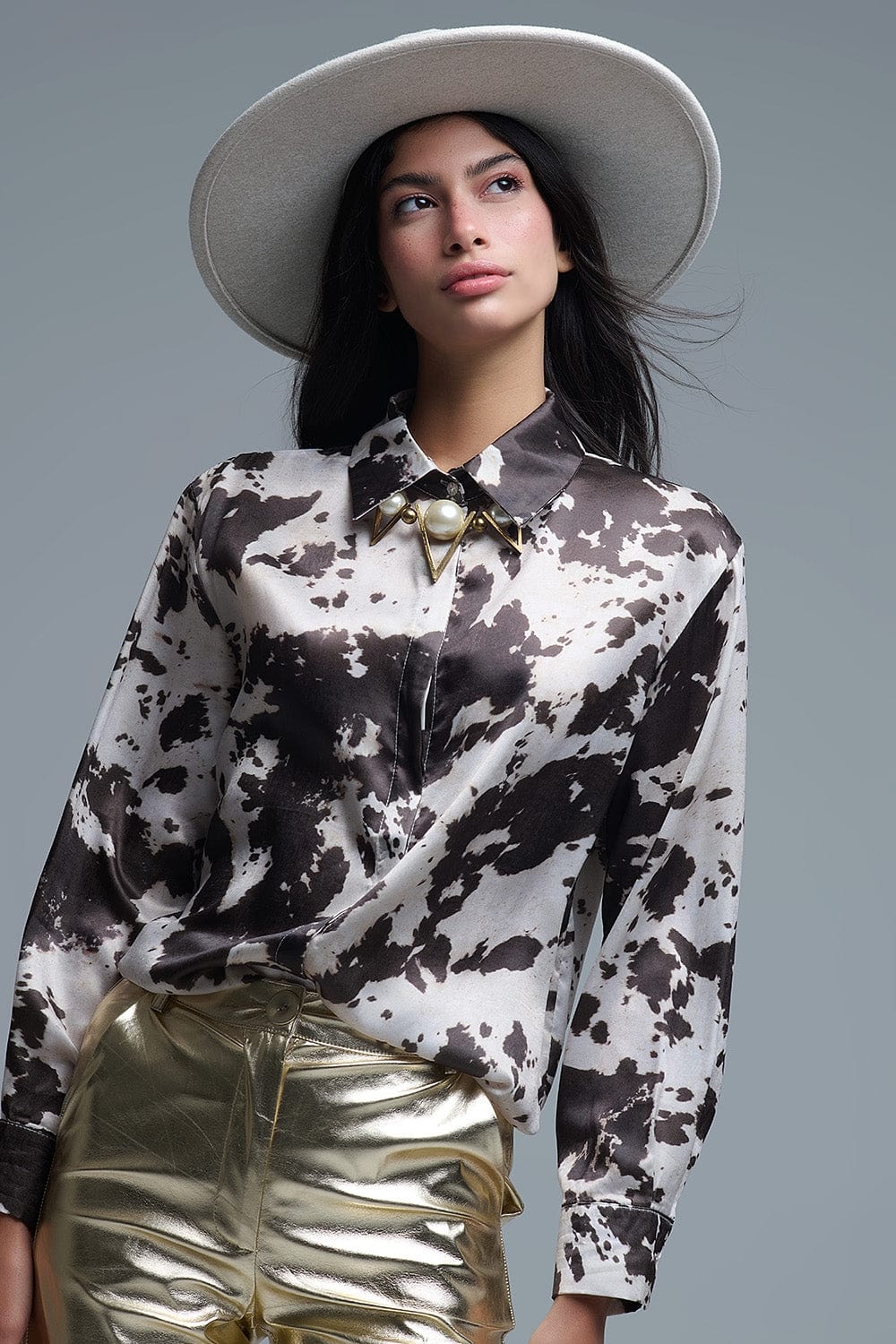 Q2 Women's Blouse Satin Brown And Cream Cow Print Relaxed Shirt