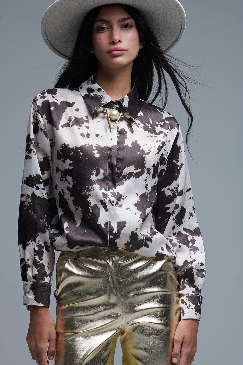 Q2 Women's Blouse Satin Brown And Cream Cow Print Relaxed Shirt
