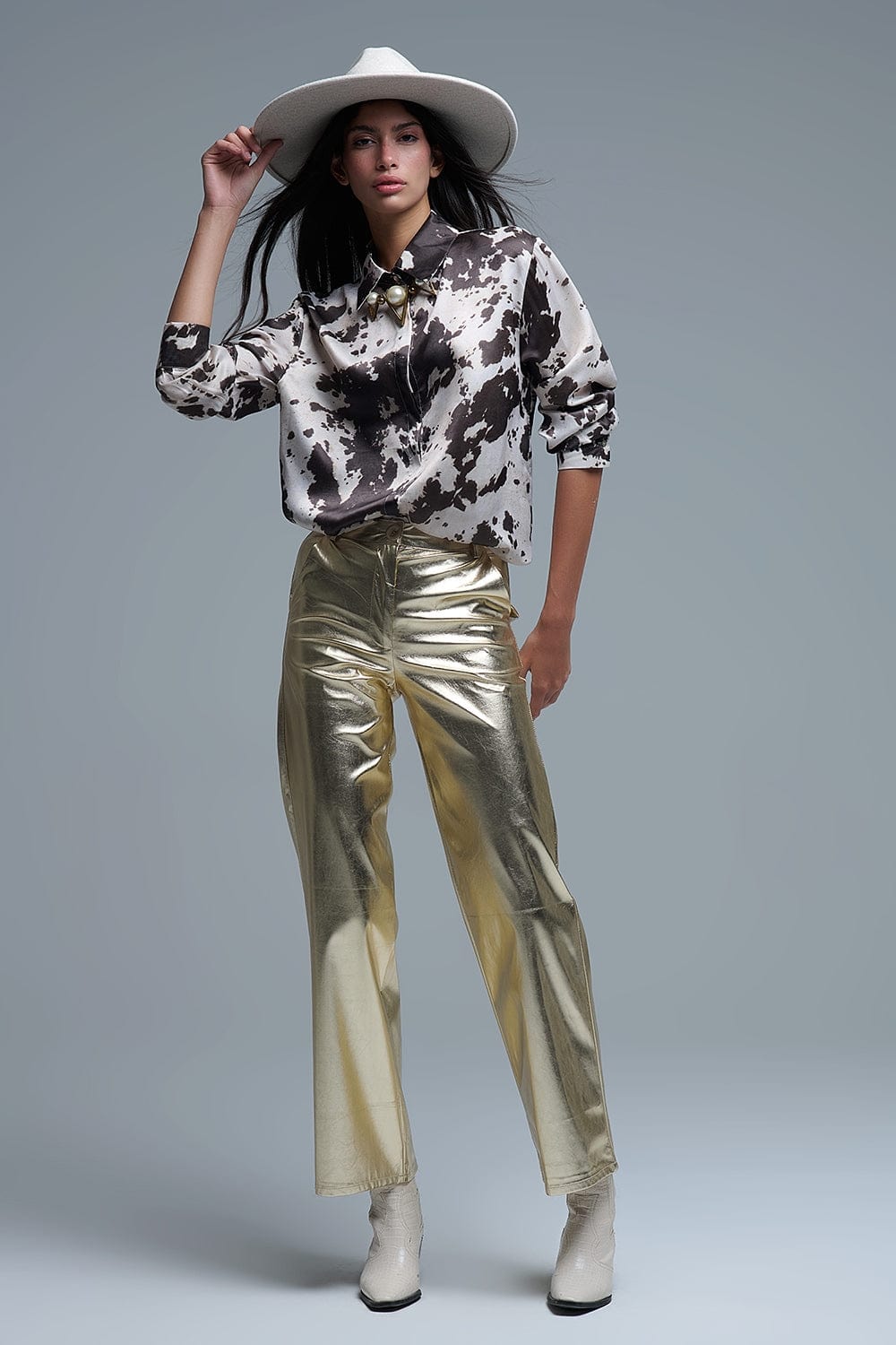 Q2 Women's Blouse Satin Brown And Cream Cow Print Relaxed Shirt