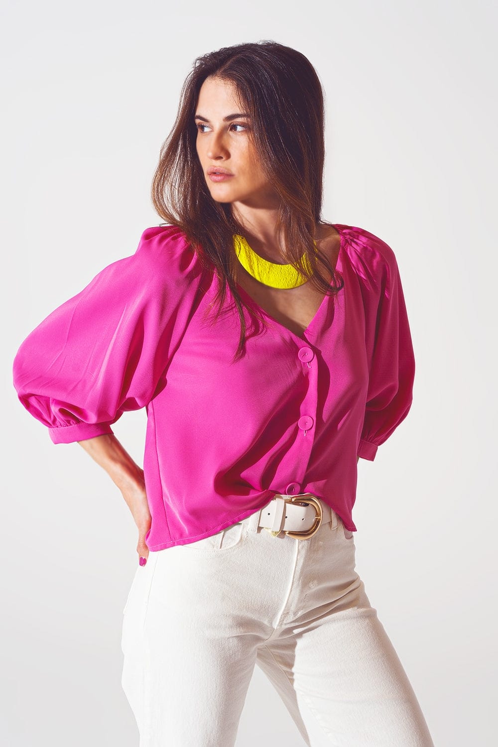 Q2 Women's Blouse Satin Button Through Shirt in Fuchsia