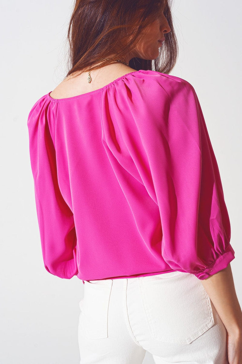 Q2 Women's Blouse Satin Button Through Shirt in Fuchsia