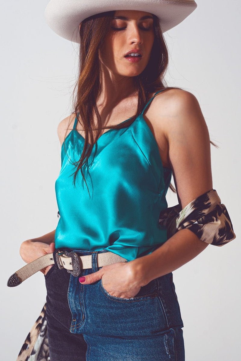 Q2 Women's Blouse Satin Crop Top in Turquoise