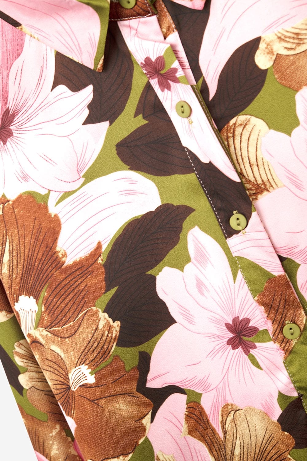Q2 Women's Blouse Satin Finish Tropical Floral Shirt In Olive Green