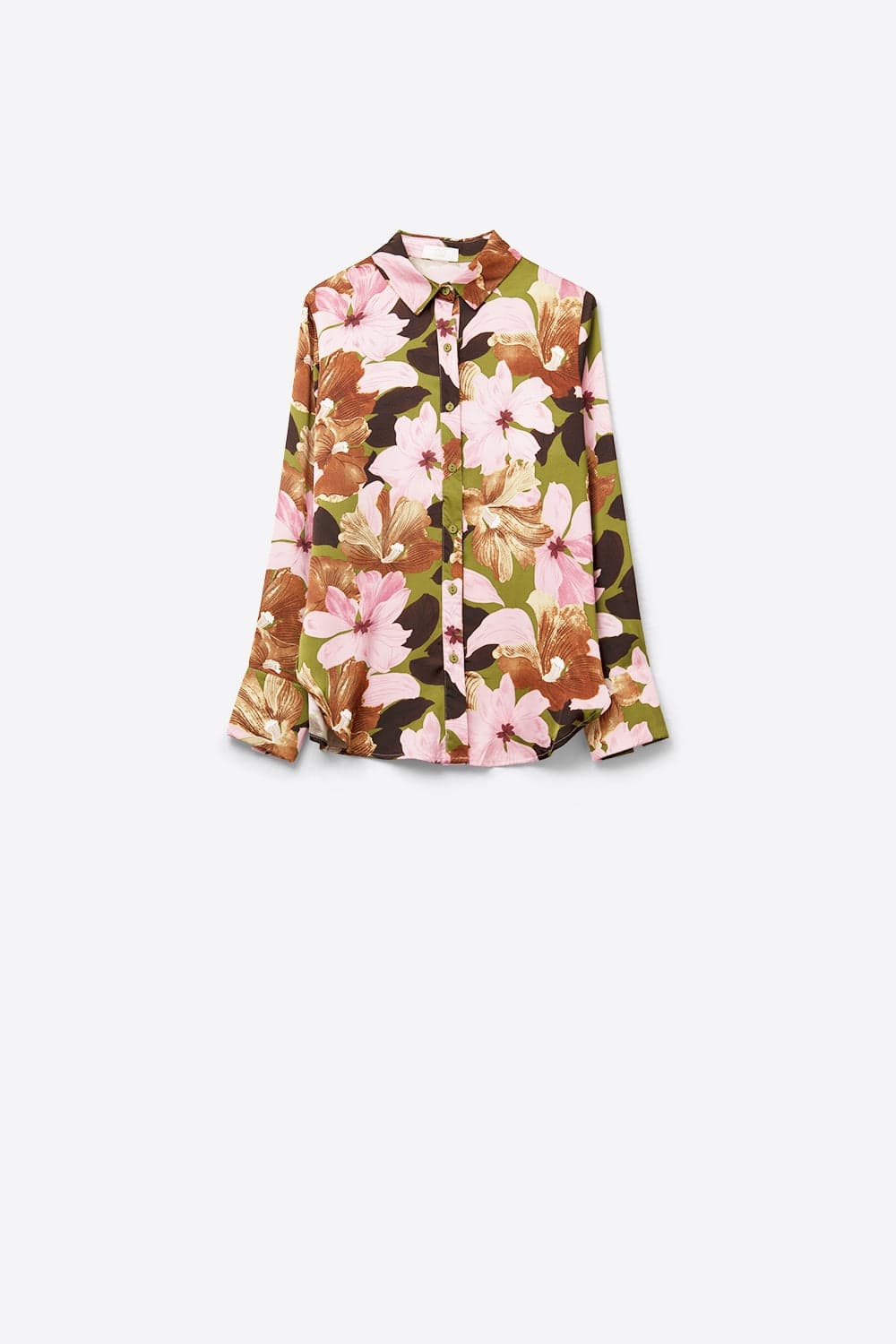 Q2 Women's Blouse Satin Finish Tropical Floral Shirt In Olive Green