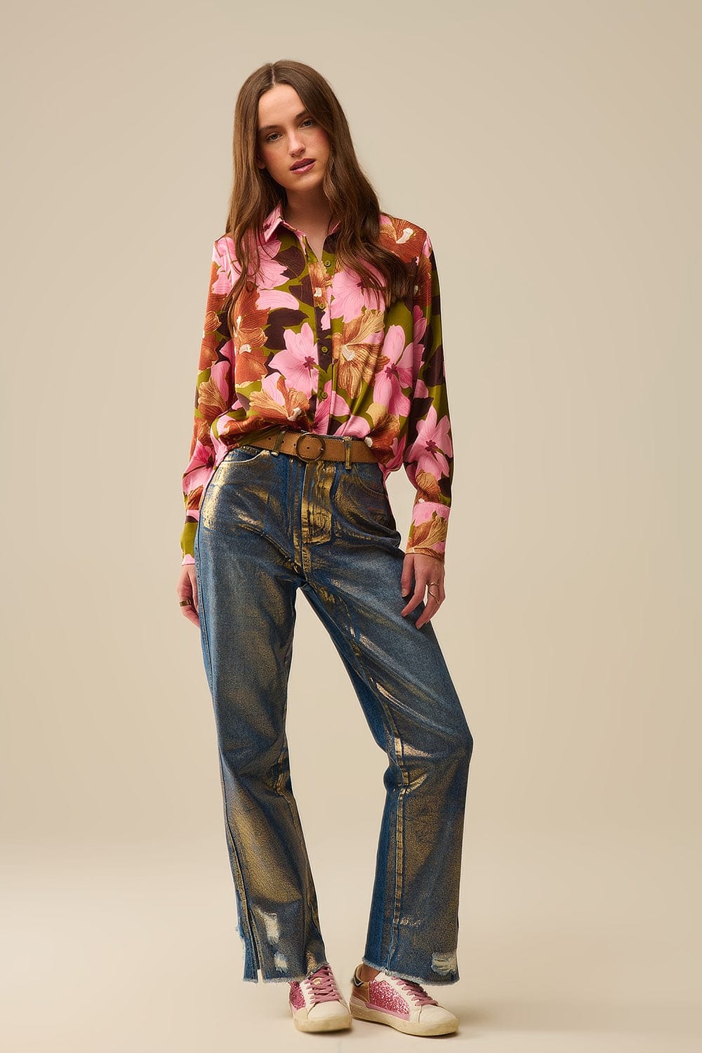 Q2 Women's Blouse Satin Finish Tropical Floral Shirt In Olive Green