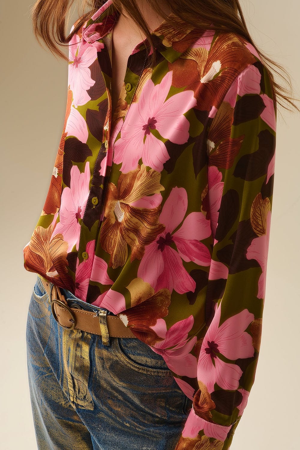 Q2 Women's Blouse Satin Finish Tropical Floral Shirt In Olive Green
