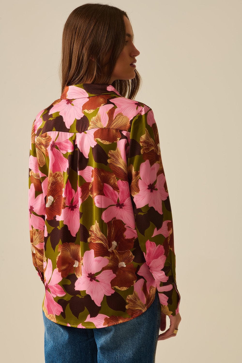 Q2 Women's Blouse Satin Finish Tropical Floral Shirt In Olive Green