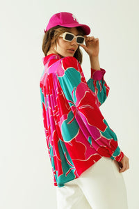 Q2 Women's Blouse Satin Oversized Shirt With Floral Designs And Button Closure