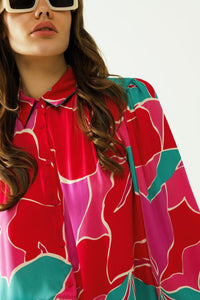 Q2 Women's Blouse Satin Oversized Shirt With Floral Designs And Button Closure