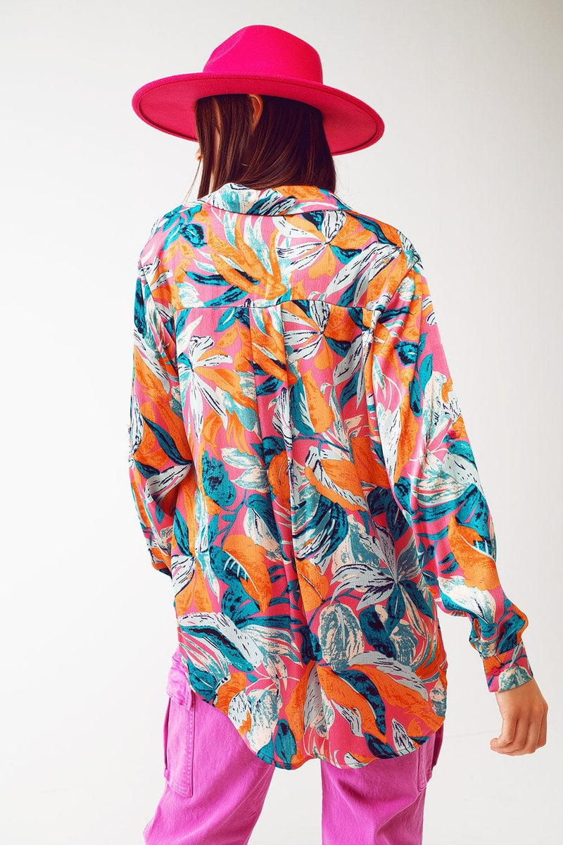 Q2 Women's Blouse Satin Shirt In Floral Print in Orange