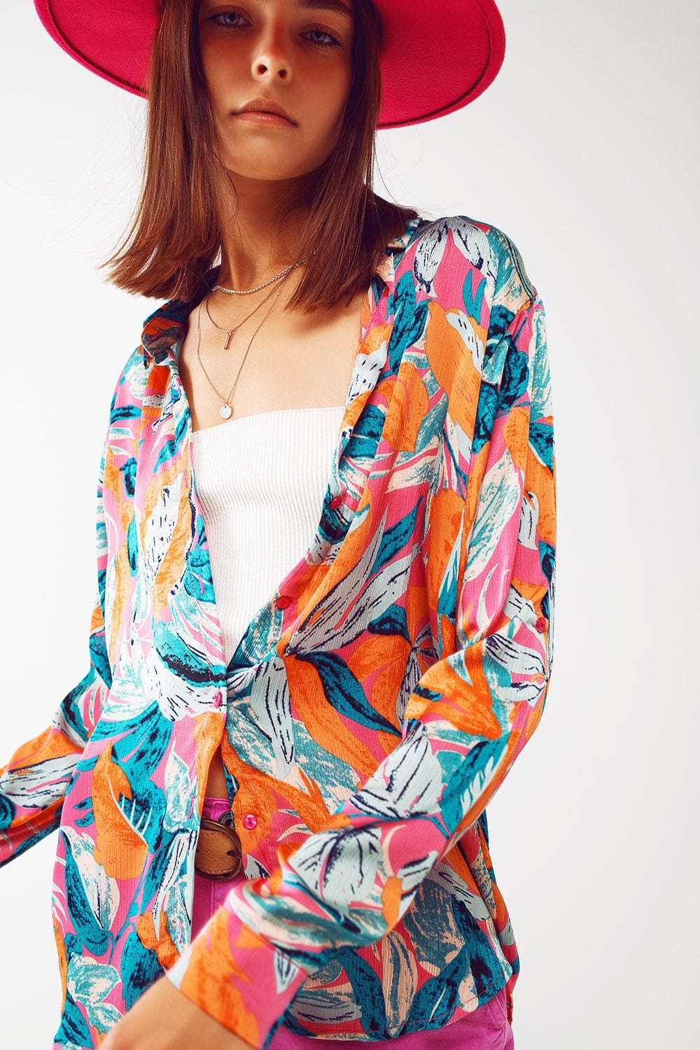 Q2 Women's Blouse Satin Shirt In Floral Print in Orange