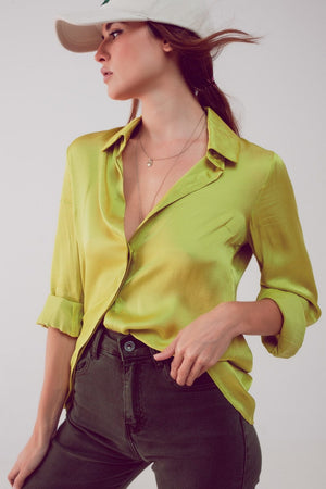 Q2 Women's Blouse Satin Shirt in Lime