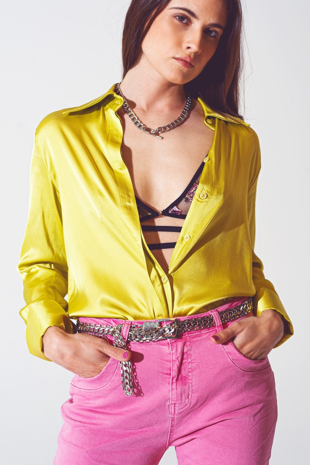 Q2 Women's Blouse Satin Shirt with Split Cuff in Lime Green