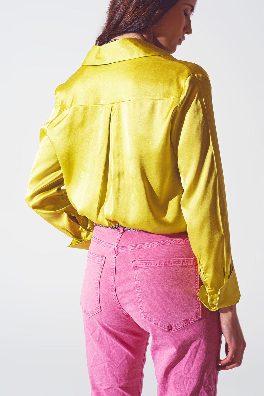 Q2 Women's Blouse Satin Shirt with Split Cuff in Lime Green