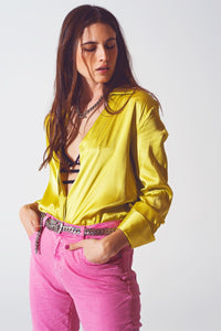 Q2 Women's Blouse Satin Shirt with Split Cuff in Lime Green