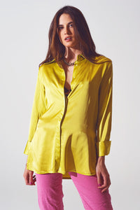 Q2 Women's Blouse Satin Shirt with Split Cuff in Lime Green